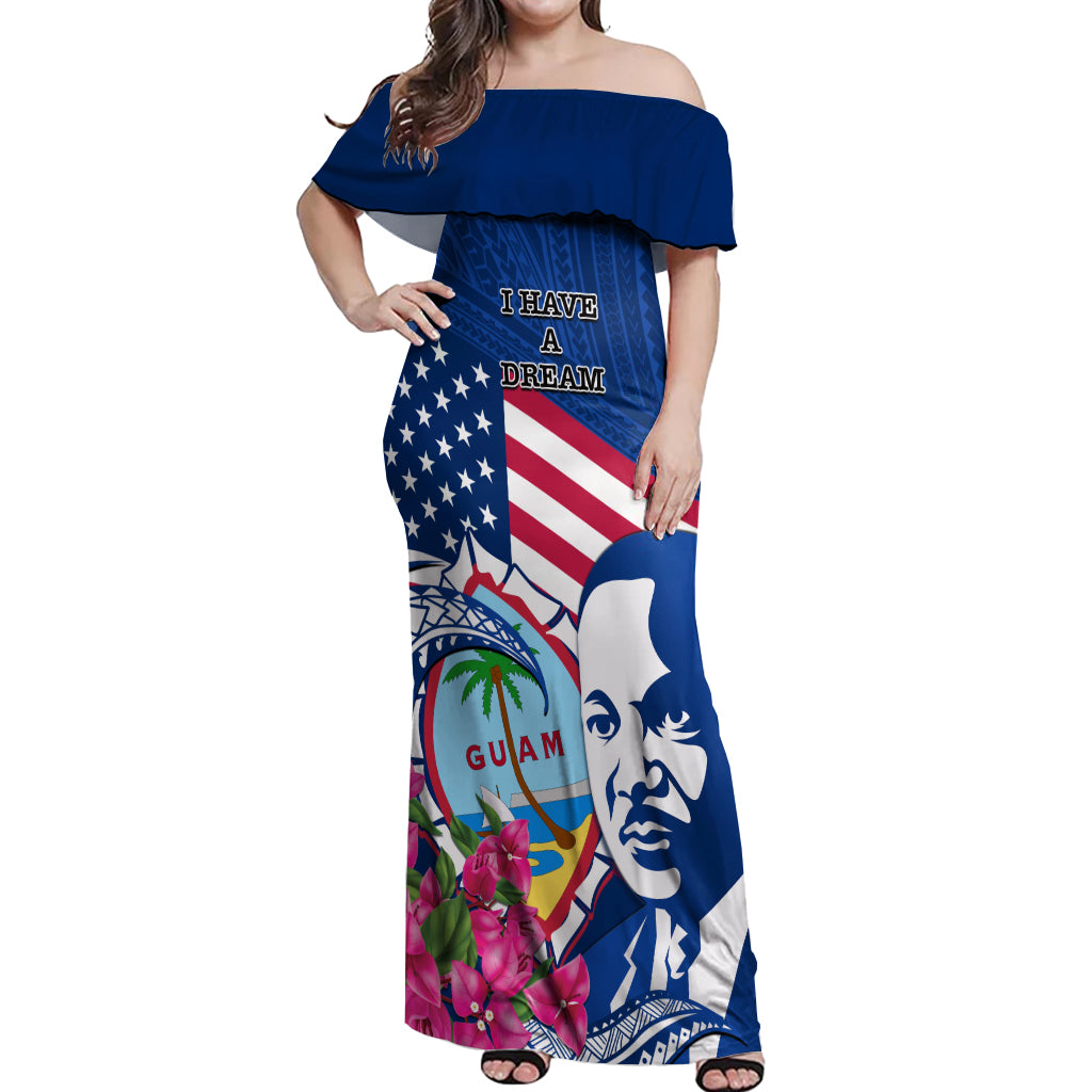 Guam Martin Luther King Jr Day Off Shoulder Maxi Dress I Have A Dream Guahan Seal With Bougainvillea LT14 Women Blue - Polynesian Pride