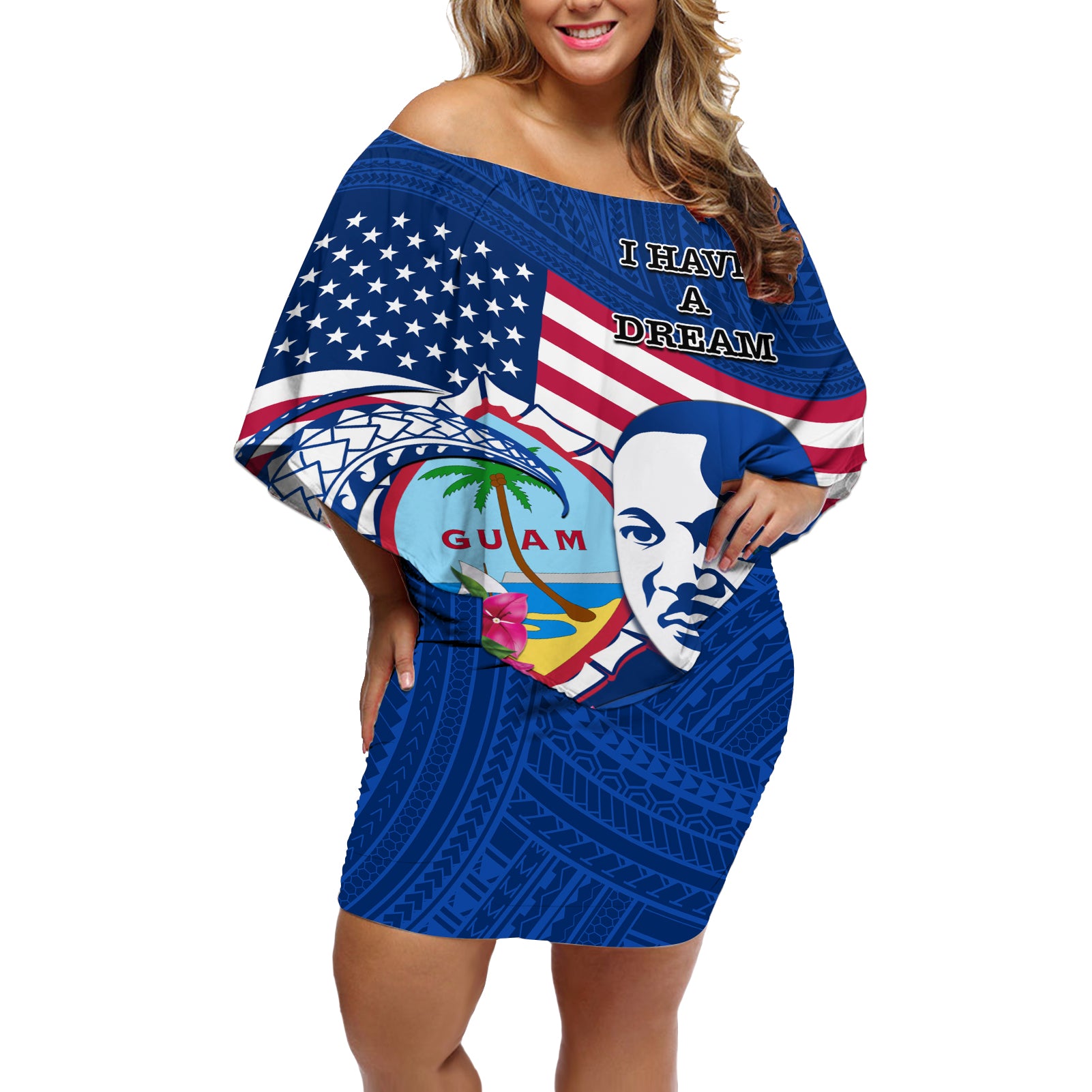 Guam Martin Luther King Jr Day Off Shoulder Short Dress I Have A Dream Guahan Seal With Bougainvillea LT14 Women Blue - Polynesian Pride