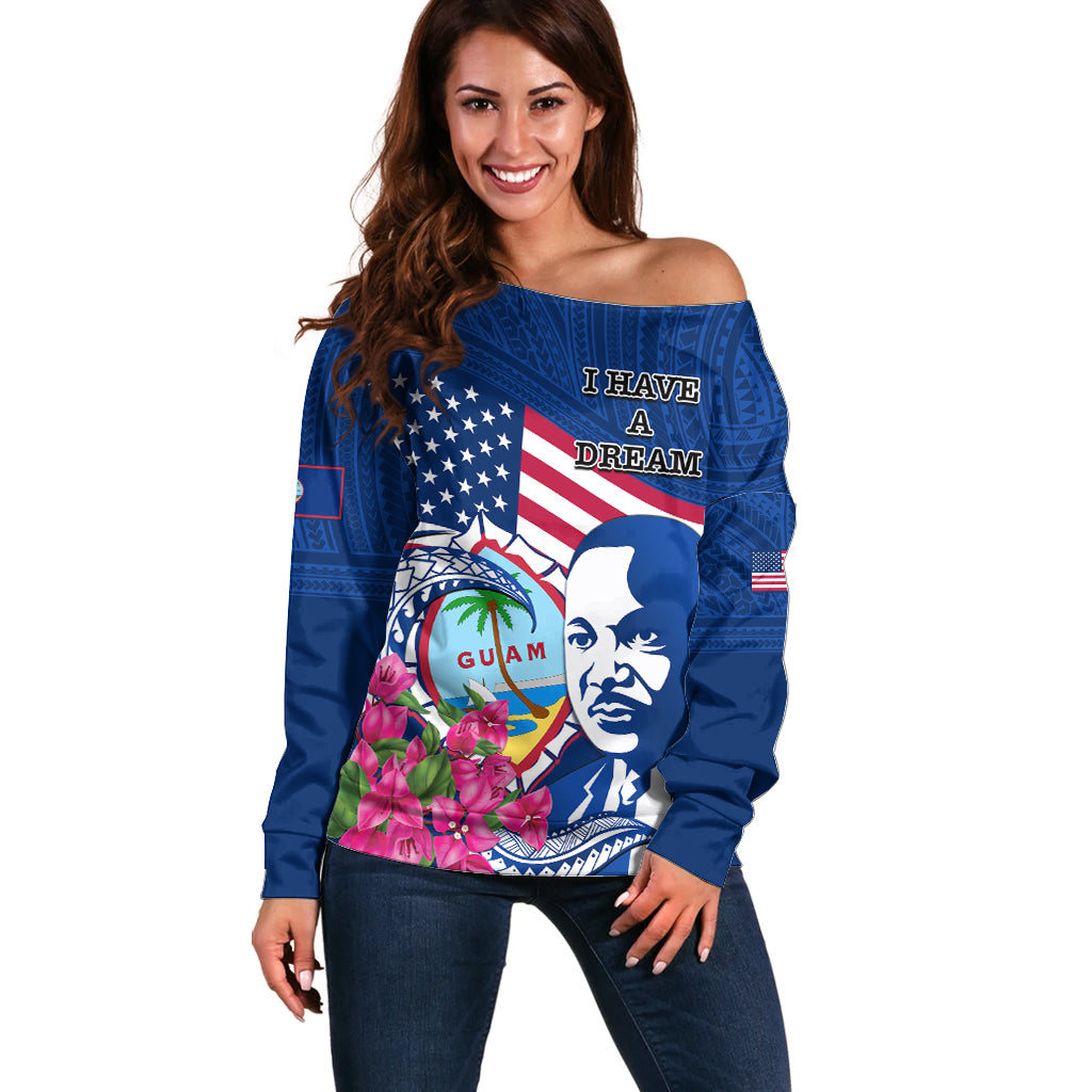 Guam Martin Luther King Jr Day Off Shoulder Sweater I Have A Dream Guahan Seal With Bougainvillea LT14 Women Blue - Polynesian Pride