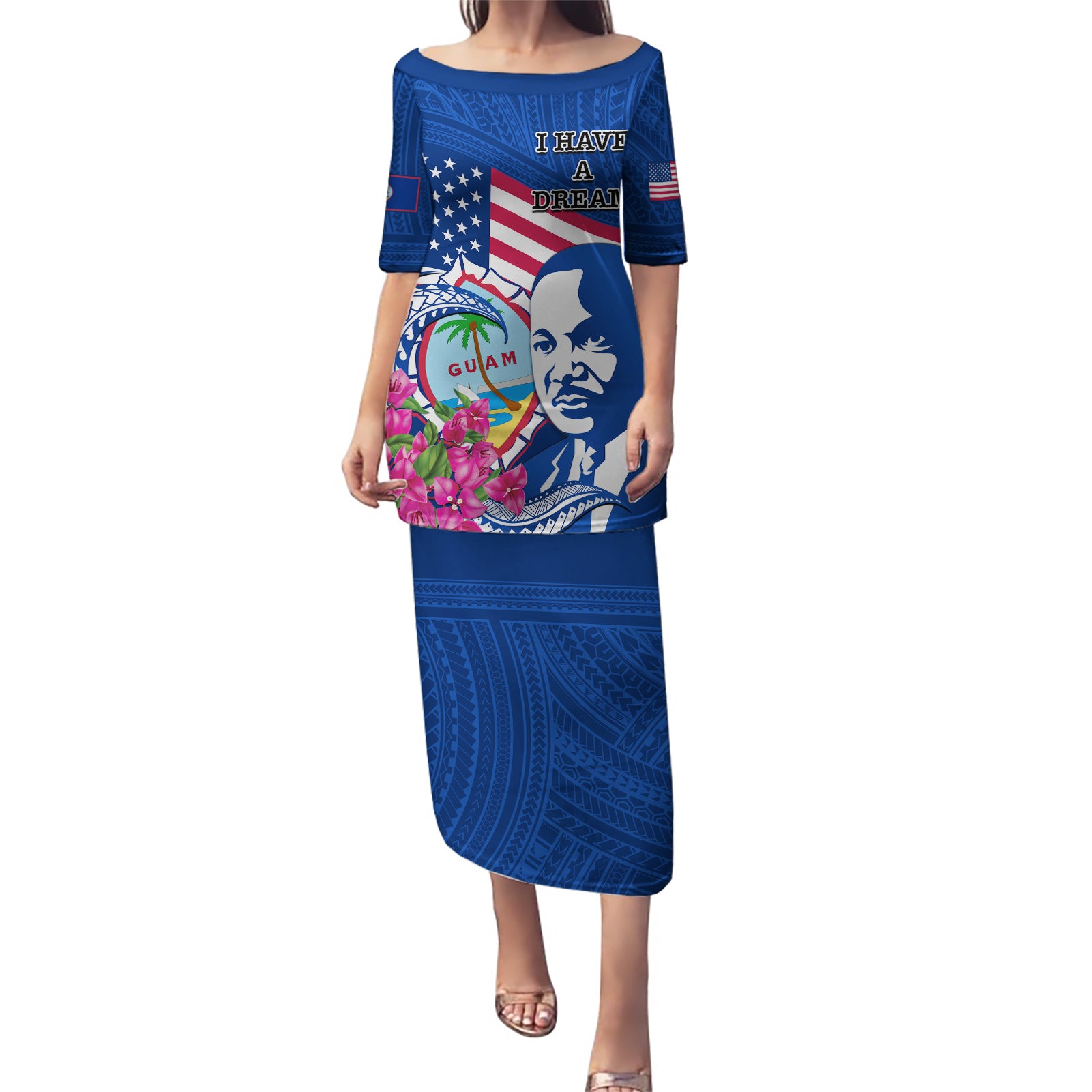 Guam Martin Luther King Jr Day Puletasi I Have A Dream Guahan Seal With Bougainvillea LT14 Long Dress Blue - Polynesian Pride