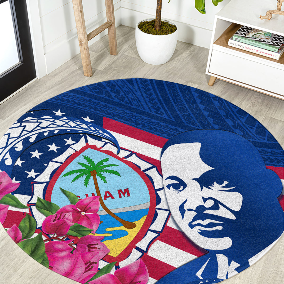 Guam Martin Luther King Jr Day Round Carpet I Have A Dream Guahan Seal With Bougainvillea LT14 Blue - Polynesian Pride