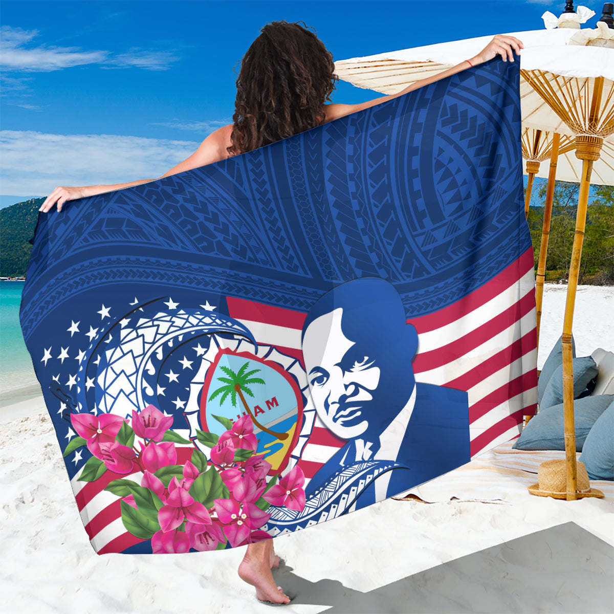 Guam Martin Luther King Jr Day Sarong I Have A Dream Guahan Seal With Bougainvillea LT14 One Size 44 x 66 inches Blue - Polynesian Pride