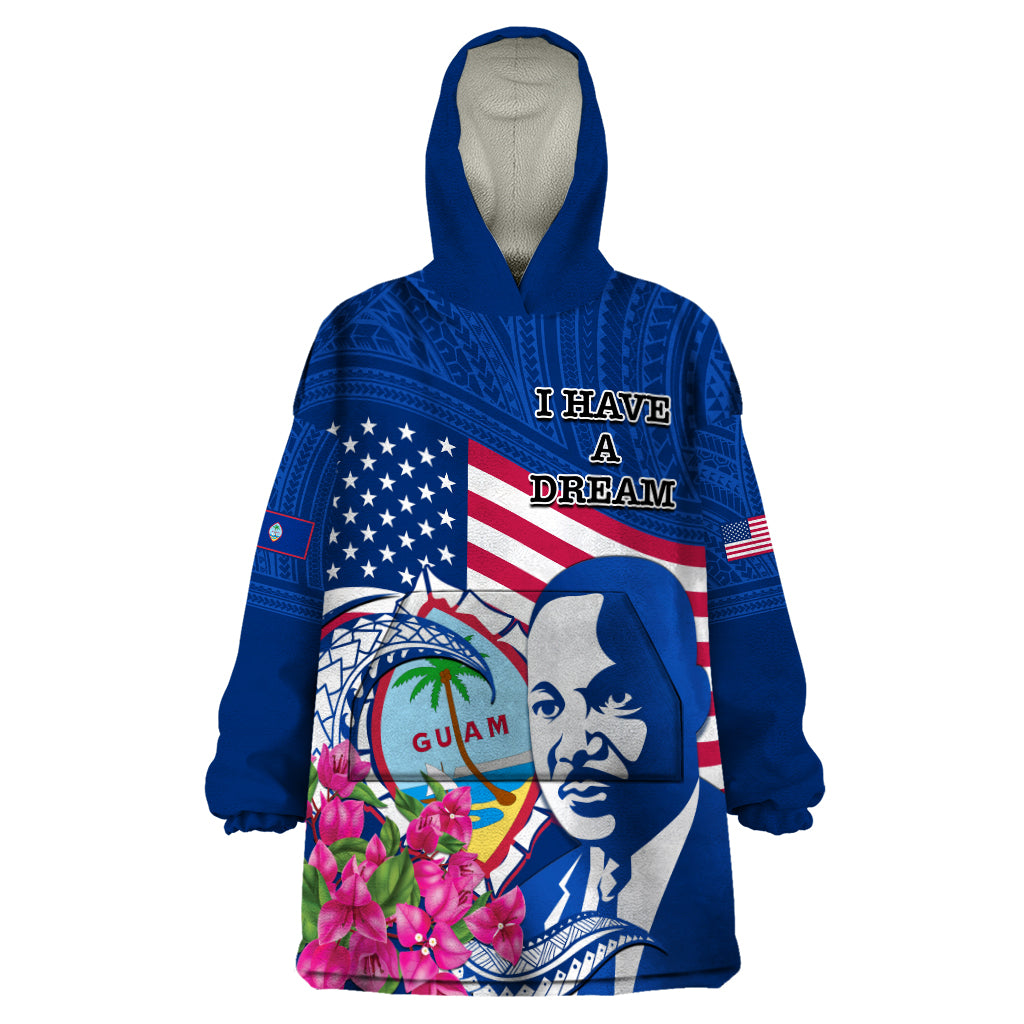 Guam Martin Luther King Jr Day Wearable Blanket Hoodie I Have A Dream Guahan Seal With Bougainvillea LT14 One Size Blue - Polynesian Pride