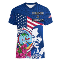 Guam Martin Luther King Jr Day Women V Neck T Shirt I Have A Dream Guahan Seal With Bougainvillea LT14 Female Blue - Polynesian Pride