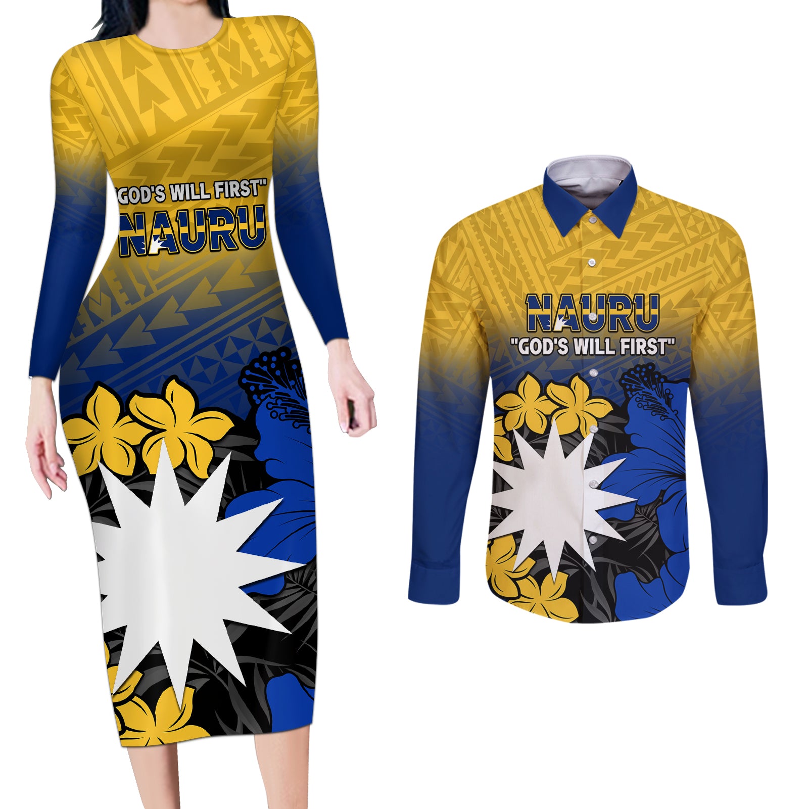 Nauru Independence Day Couples Matching Long Sleeve Bodycon Dress and Long Sleeve Button Shirt Repubrikin Naoero Polynesian Pattern LT14 Blue - Polynesian Pride