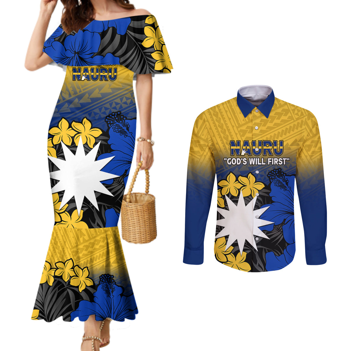 Nauru Independence Day Couples Matching Mermaid Dress and Long Sleeve Button Shirt Repubrikin Naoero Polynesian Pattern LT14 Blue - Polynesian Pride