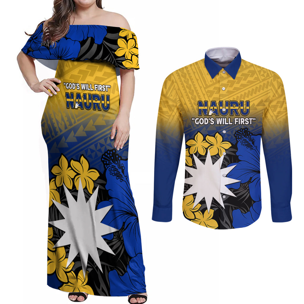 Nauru Independence Day Couples Matching Off Shoulder Maxi Dress and Long Sleeve Button Shirt Repubrikin Naoero Polynesian Pattern LT14 Blue - Polynesian Pride