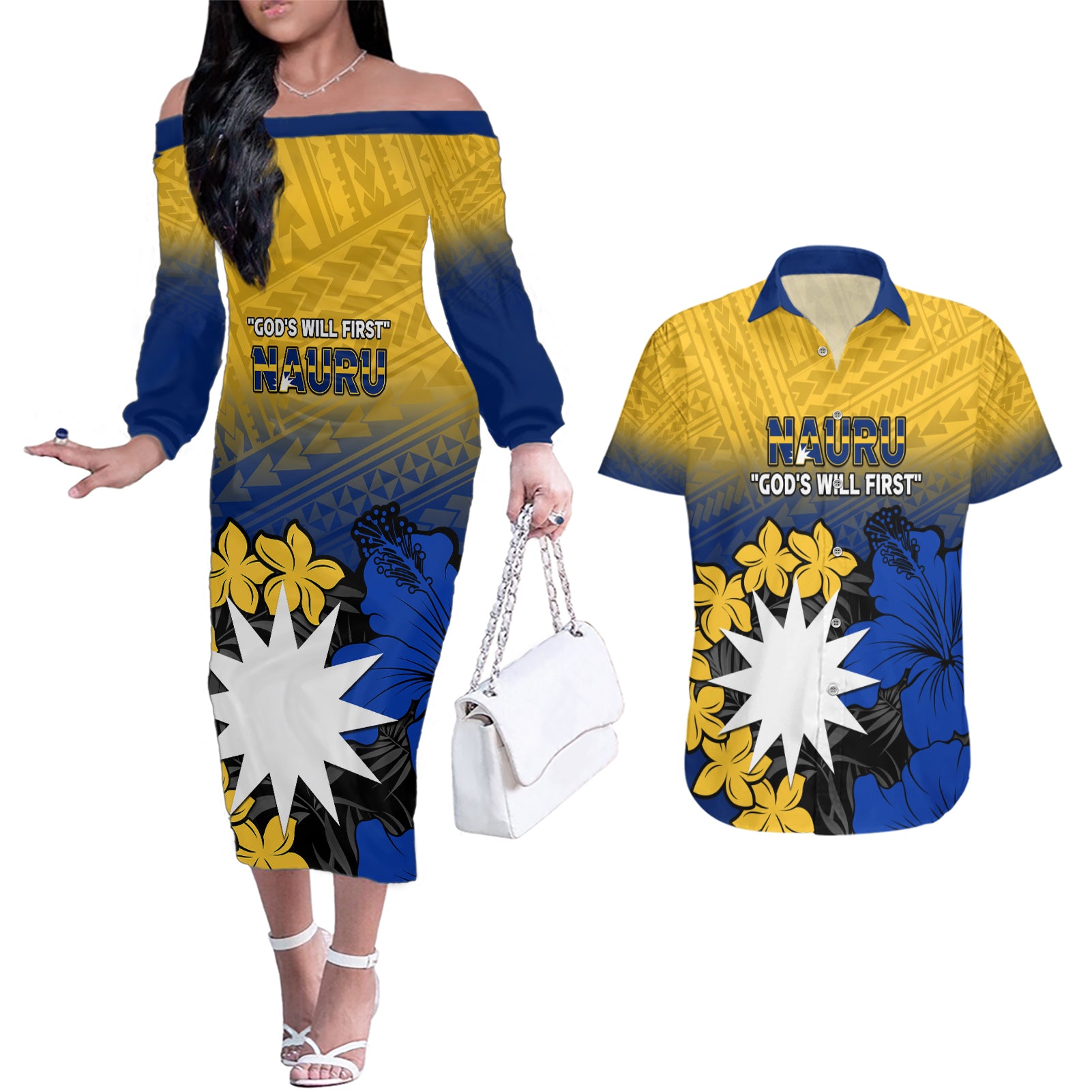 Nauru Independence Day Couples Matching Off The Shoulder Long Sleeve Dress and Hawaiian Shirt Repubrikin Naoero Polynesian Pattern LT14 Blue - Polynesian Pride