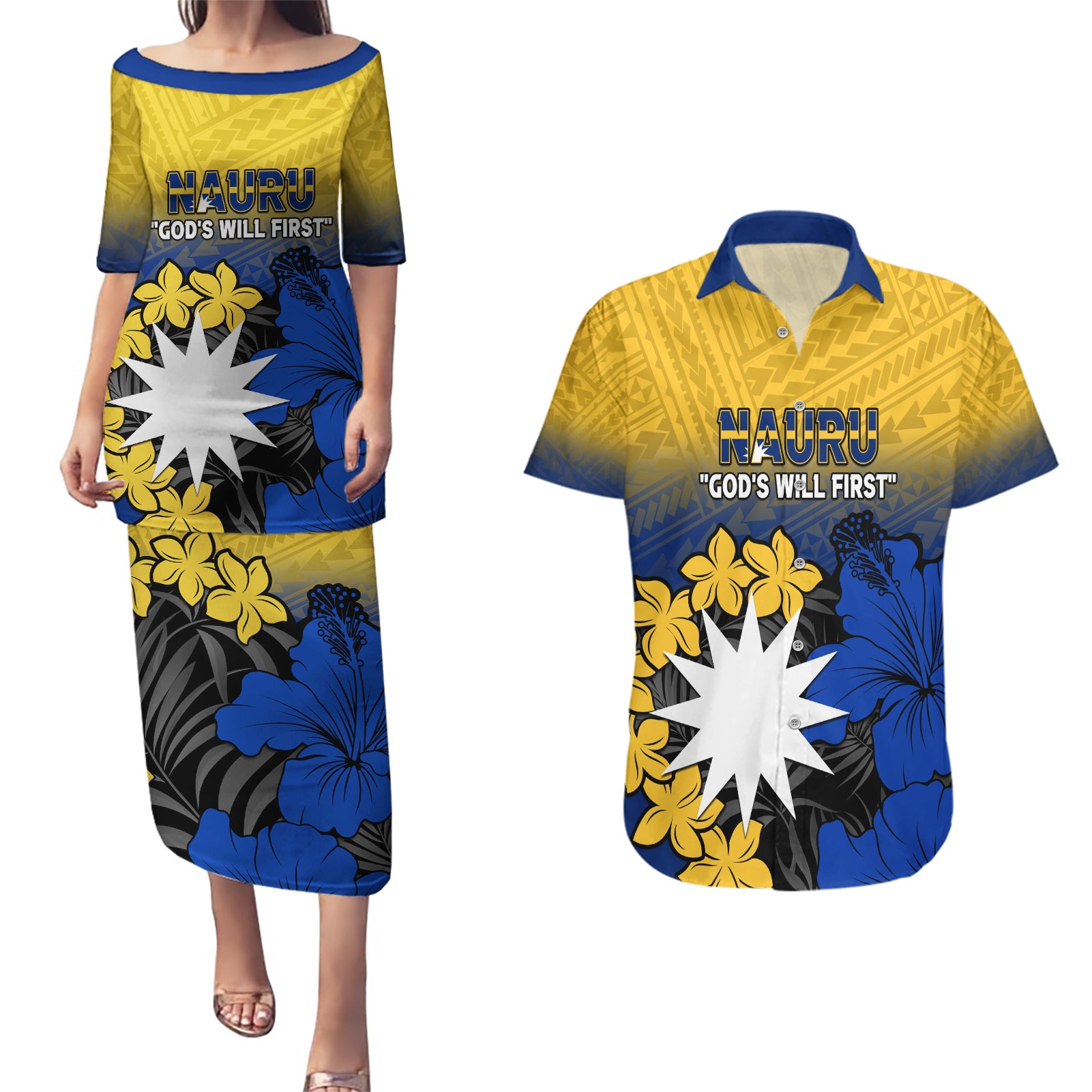 Nauru Independence Day Couples Matching Puletasi Dress and Hawaiian Shirt Repubrikin Naoero Polynesian Pattern LT14 Blue - Polynesian Pride