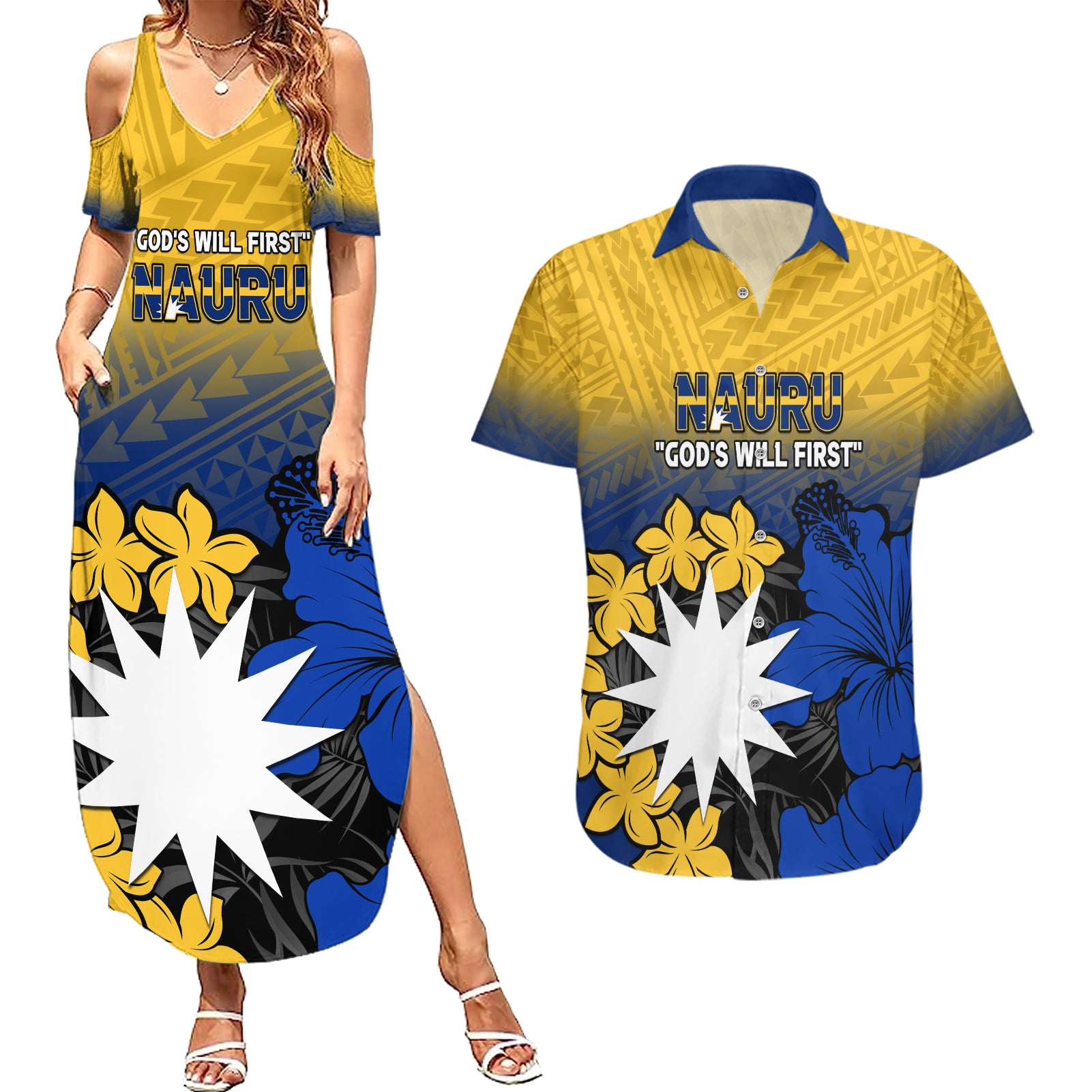 Nauru Independence Day Couples Matching Summer Maxi Dress and Hawaiian Shirt Repubrikin Naoero Polynesian Pattern LT14 Blue - Polynesian Pride