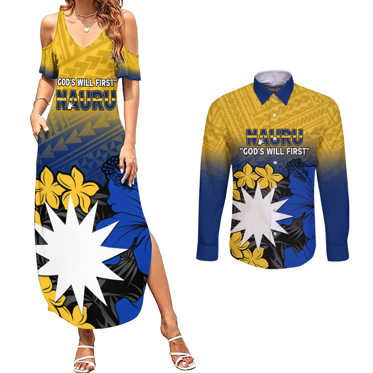 Nauru Independence Day Couples Matching Summer Maxi Dress and Long Sleeve Button Shirt Repubrikin Naoero Polynesian Pattern LT14 Blue - Polynesian Pride