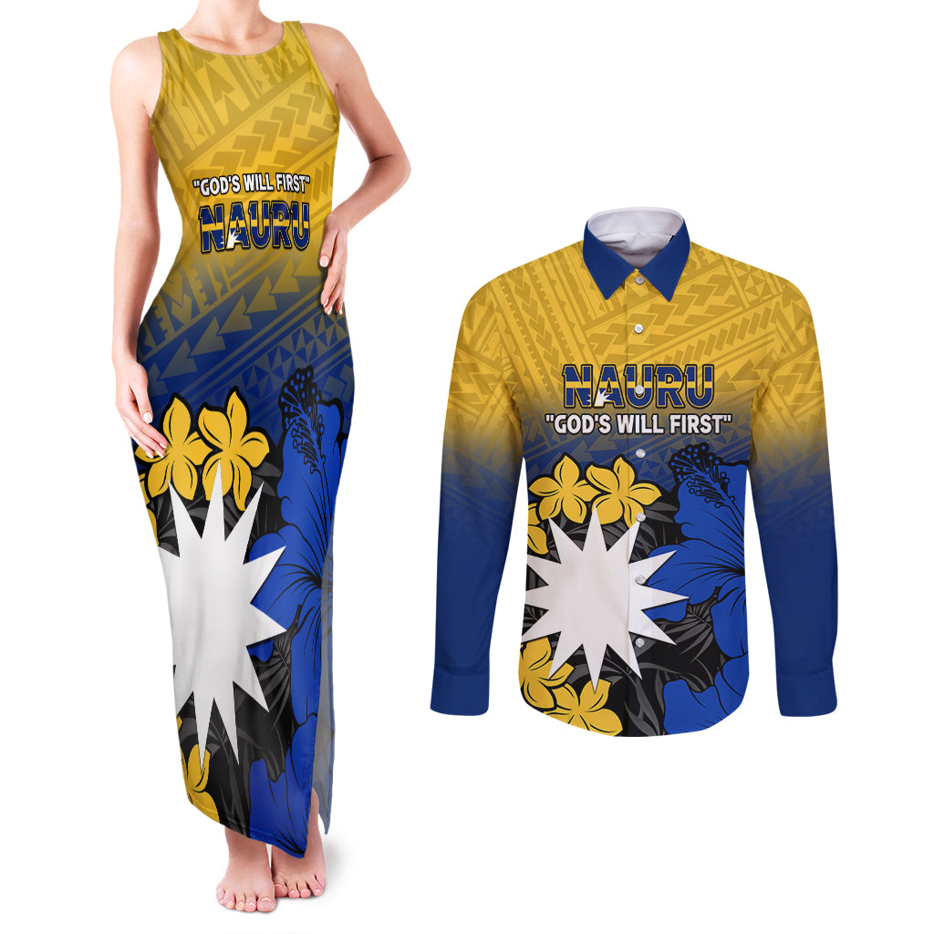 Nauru Independence Day Couples Matching Tank Maxi Dress and Long Sleeve Button Shirt Repubrikin Naoero Polynesian Pattern LT14 Blue - Polynesian Pride