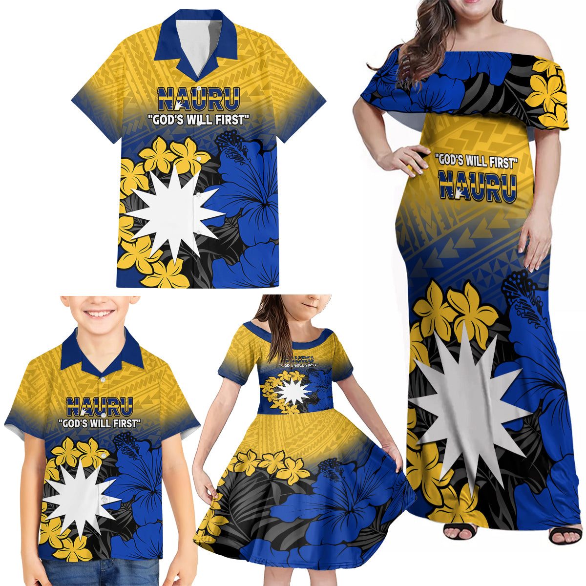 Nauru Independence Day Family Matching Off Shoulder Maxi Dress and Hawaiian Shirt Repubrikin Naoero Polynesian Pattern LT14 - Polynesian Pride