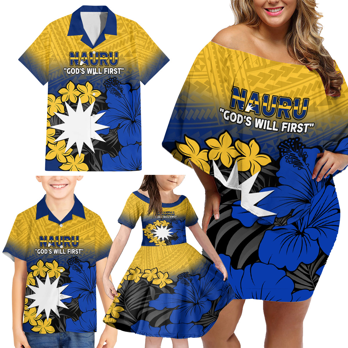 Nauru Independence Day Family Matching Off Shoulder Short Dress and Hawaiian Shirt Repubrikin Naoero Polynesian Pattern LT14 - Polynesian Pride