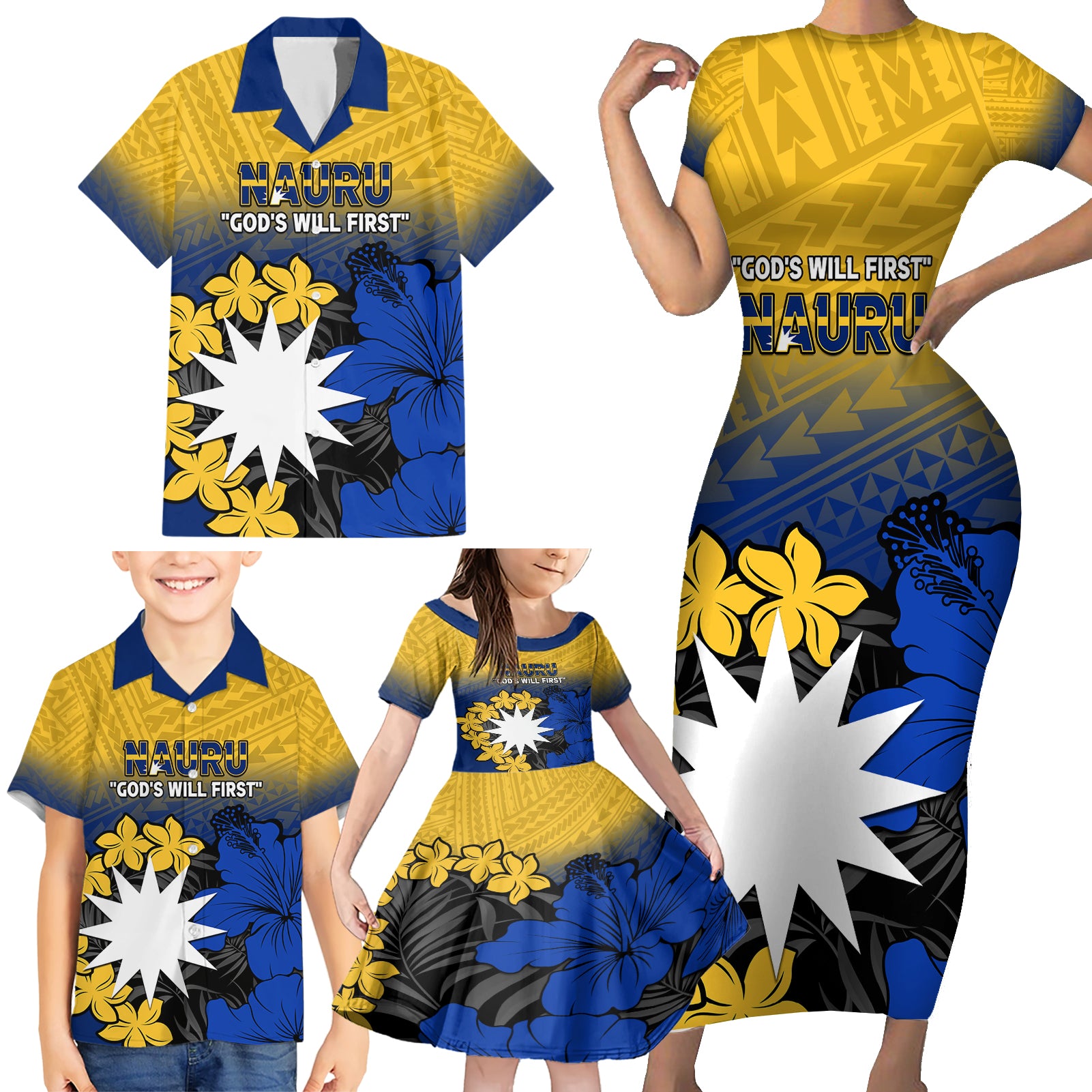 Nauru Independence Day Family Matching Short Sleeve Bodycon Dress and Hawaiian Shirt Repubrikin Naoero Polynesian Pattern LT14 - Polynesian Pride