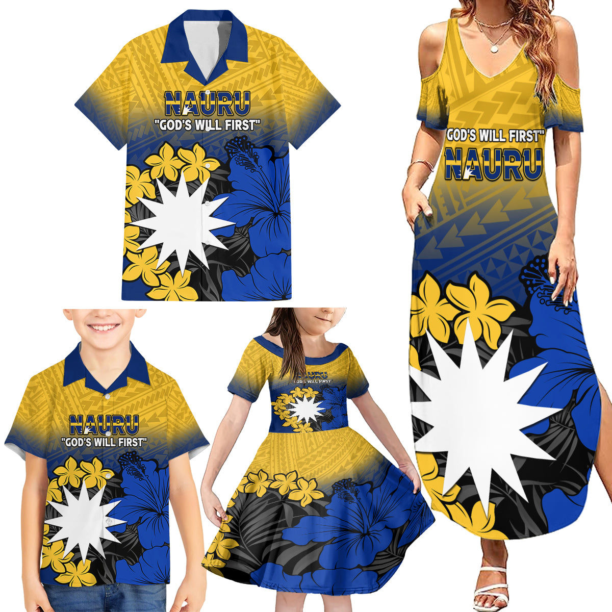 Nauru Independence Day Family Matching Summer Maxi Dress and Hawaiian Shirt Repubrikin Naoero Polynesian Pattern LT14 - Polynesian Pride