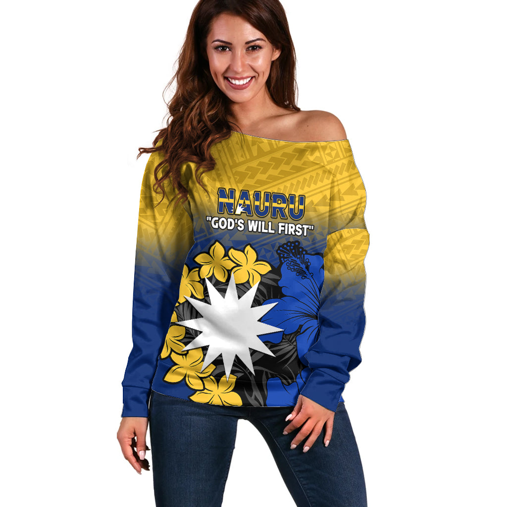 Nauru Independence Day Off Shoulder Sweater Repubrikin Naoero Polynesian Pattern LT14 Women Blue - Polynesian Pride