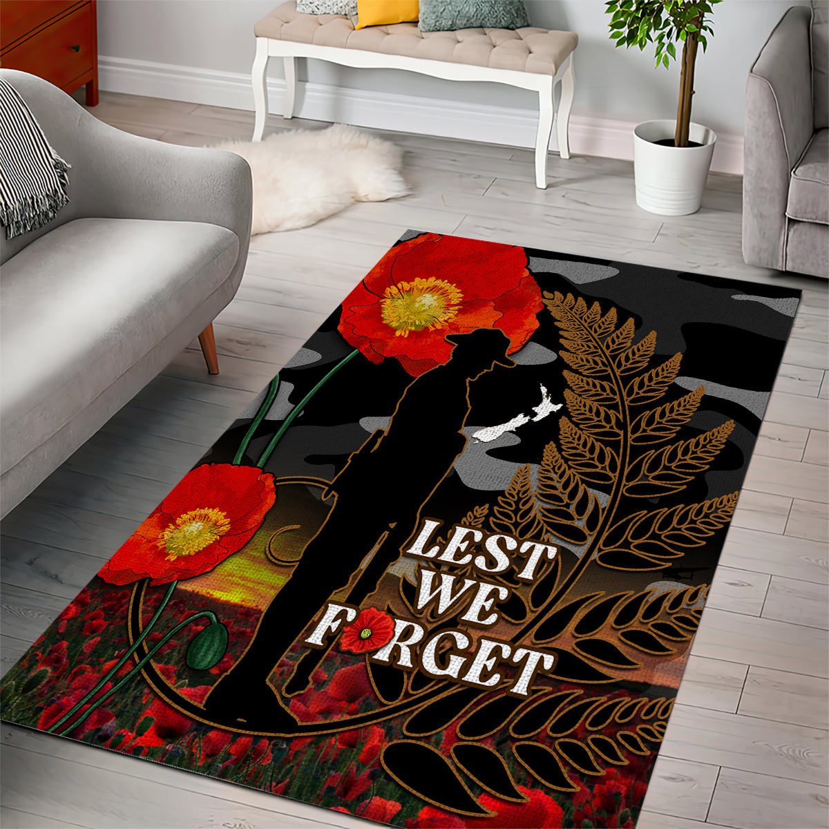 New Zealand ANZAC Day Area Rug Lest We Forget Silver Fern With Camouflage LT14 - Polynesian Pride