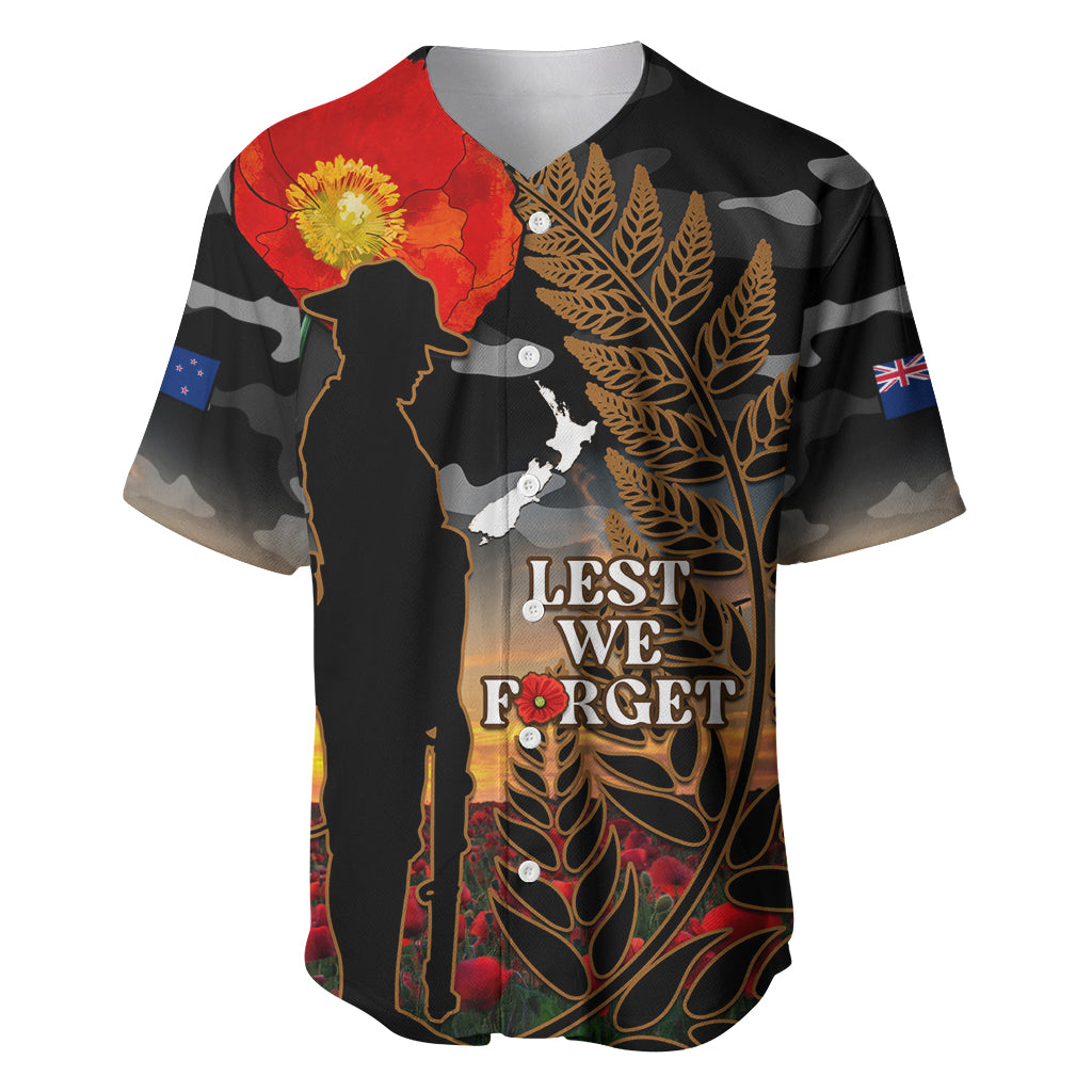 New Zealand ANZAC Day Baseball Jersey Lest We Forget Silver Fern With Camouflage LT14 Black - Polynesian Pride