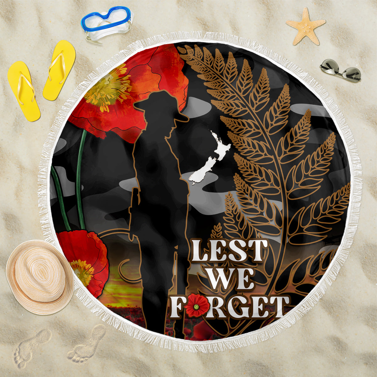 New Zealand ANZAC Day Beach Blanket Lest We Forget Silver Fern With Camouflage LT14 One Size 150cm Black - Polynesian Pride