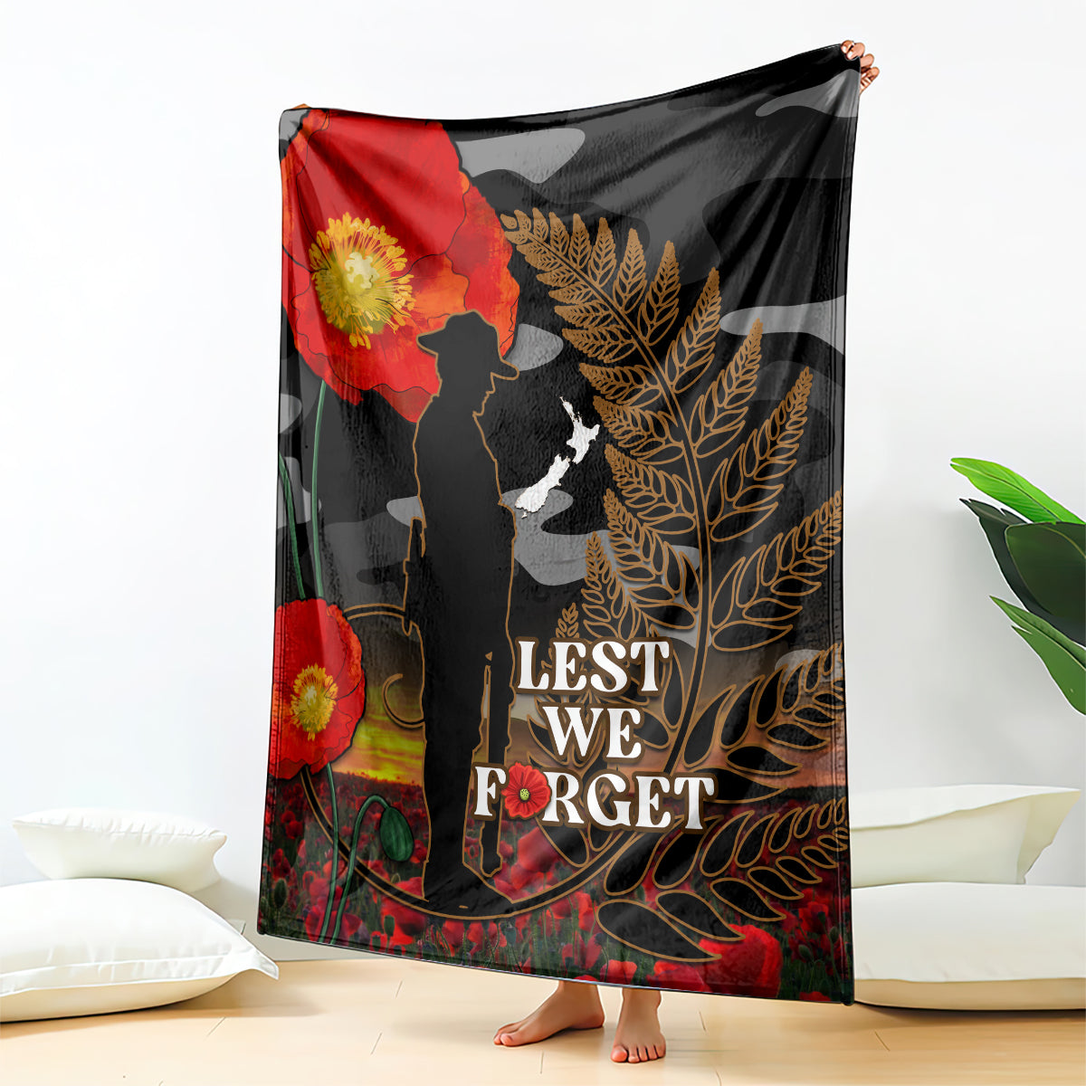 New Zealand ANZAC Day Blanket Lest We Forget Silver Fern With Camouflage LT14 Black - Polynesian Pride