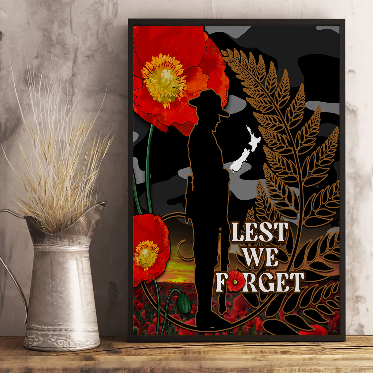 New Zealand ANZAC Day Canvas Wall Art Lest We Forget Silver Fern With Camouflage LT14 - Polynesian Pride