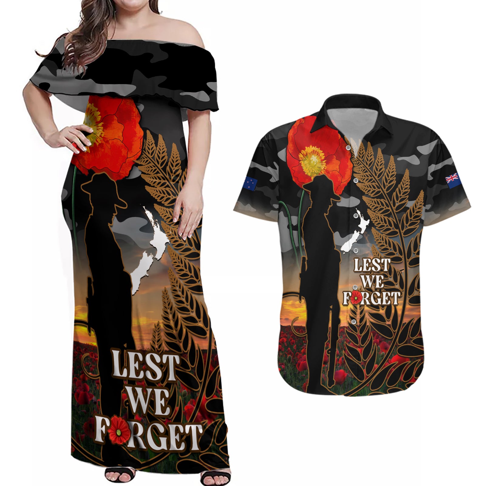 New Zealand ANZAC Day Couples Matching Off Shoulder Maxi Dress and Hawaiian Shirt Lest We Forget Silver Fern With Camouflage LT14 Black - Polynesian Pride