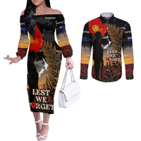 New Zealand ANZAC Day Couples Matching Off The Shoulder Long Sleeve Dress and Long Sleeve Button Shirt Lest We Forget Silver Fern With Camouflage LT14 Black - Polynesian Pride