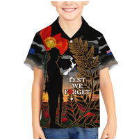 New Zealand ANZAC Day Family Matching Mermaid Dress and Hawaiian Shirt Lest We Forget Silver Fern With Camouflage LT14 Son's Shirt Black - Polynesian Pride