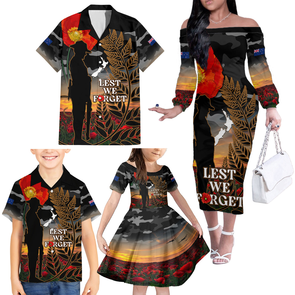 New Zealand ANZAC Day Family Matching Off Shoulder Long Sleeve Dress and Hawaiian Shirt Lest We Forget Silver Fern With Camouflage LT14 - Polynesian Pride