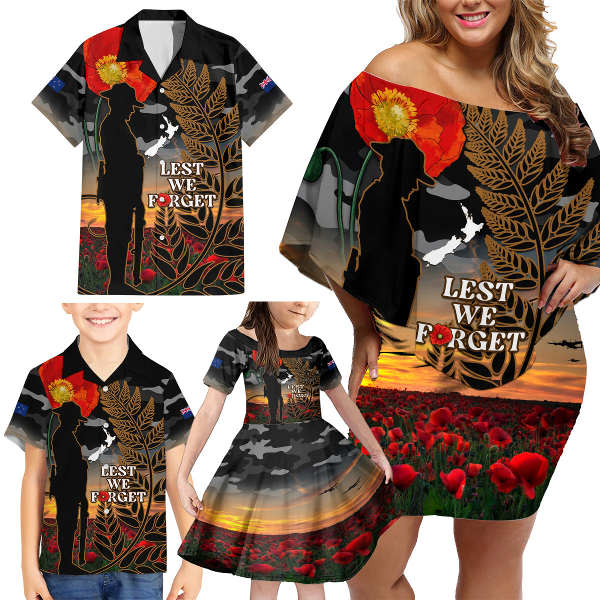 New Zealand ANZAC Day Family Matching Off Shoulder Short Dress and Hawaiian Shirt Lest We Forget Silver Fern With Camouflage LT14 - Polynesian Pride