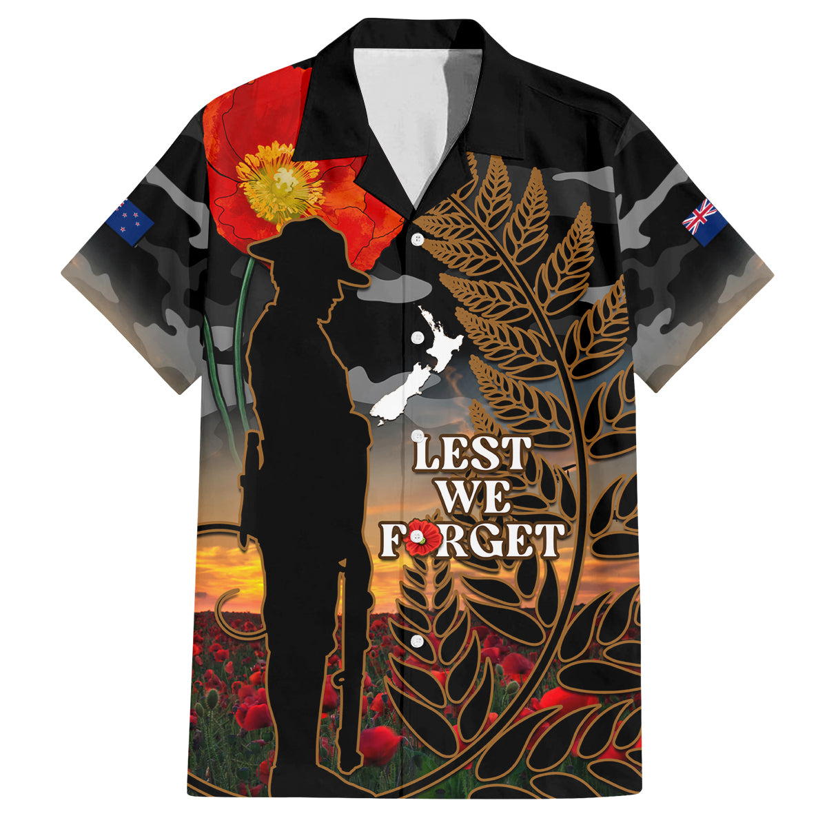 New Zealand ANZAC Day Family Matching Puletasi Dress and Hawaiian Shirt Lest We Forget Silver Fern With Camouflage LT14 Dad's Shirt - Short Sleeve Black - Polynesian Pride