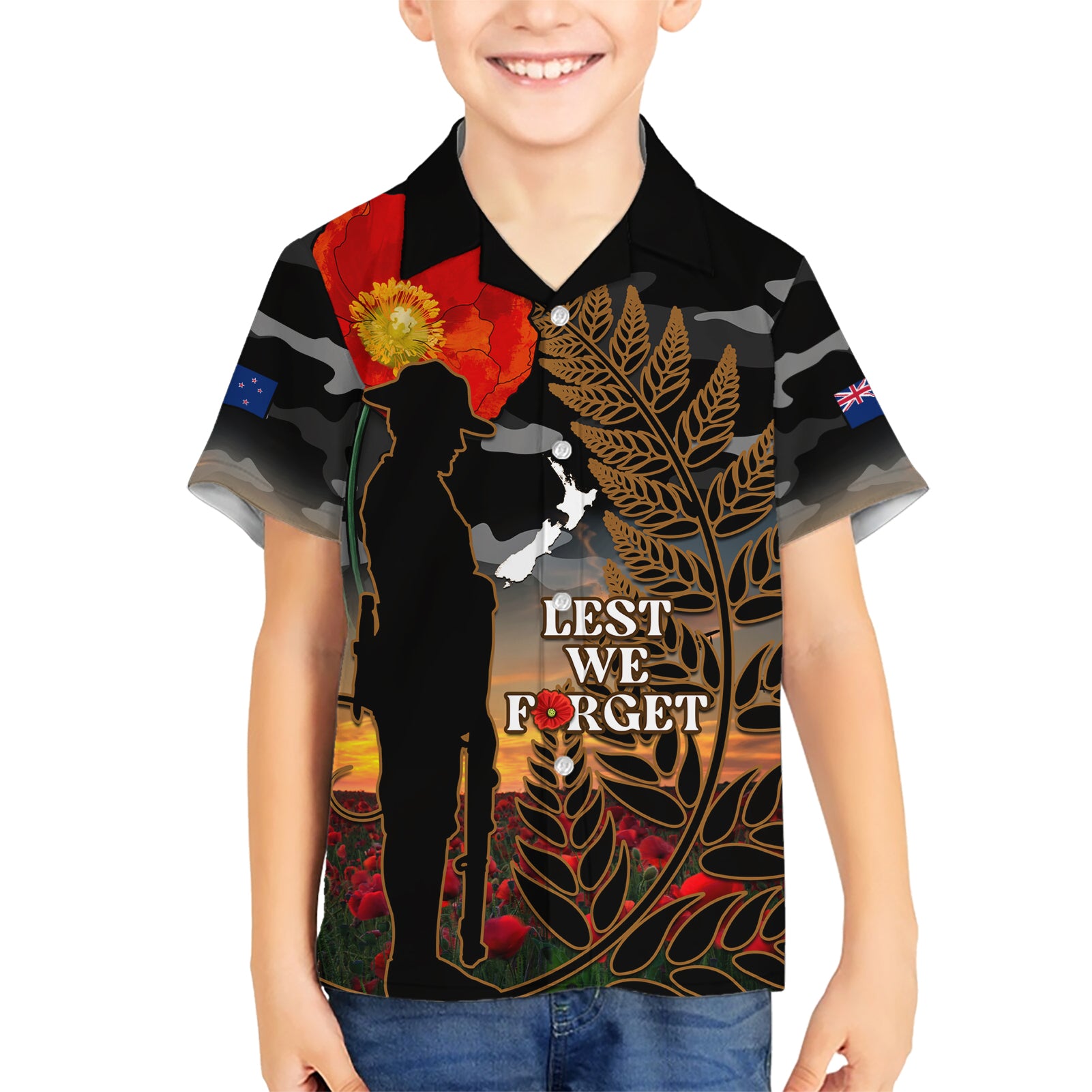 New Zealand ANZAC Day Kid Hawaiian Shirt Lest We Forget Silver Fern With Camouflage LT14 Kid Black - Polynesian Pride