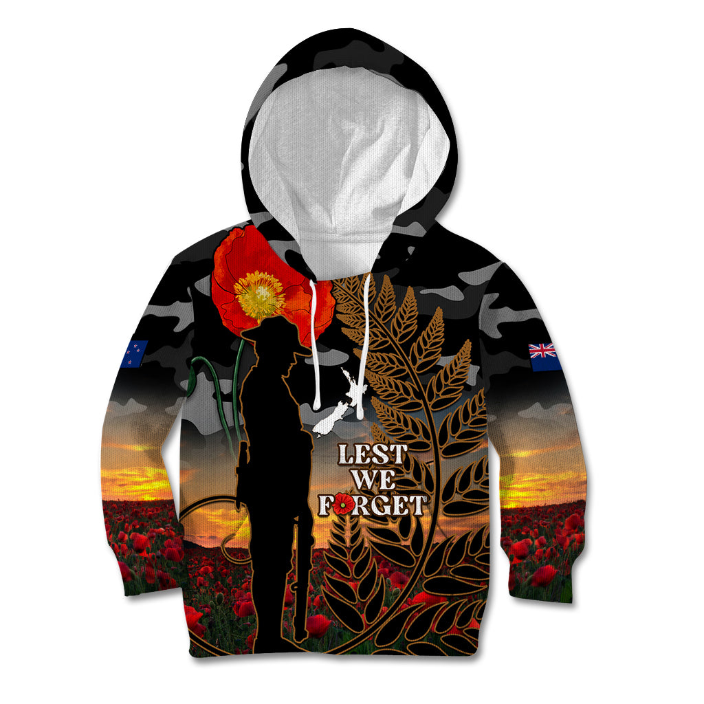 New Zealand ANZAC Day Kid Hoodie Lest We Forget Silver Fern With Camouflage LT14 Hoodie Black - Polynesian Pride