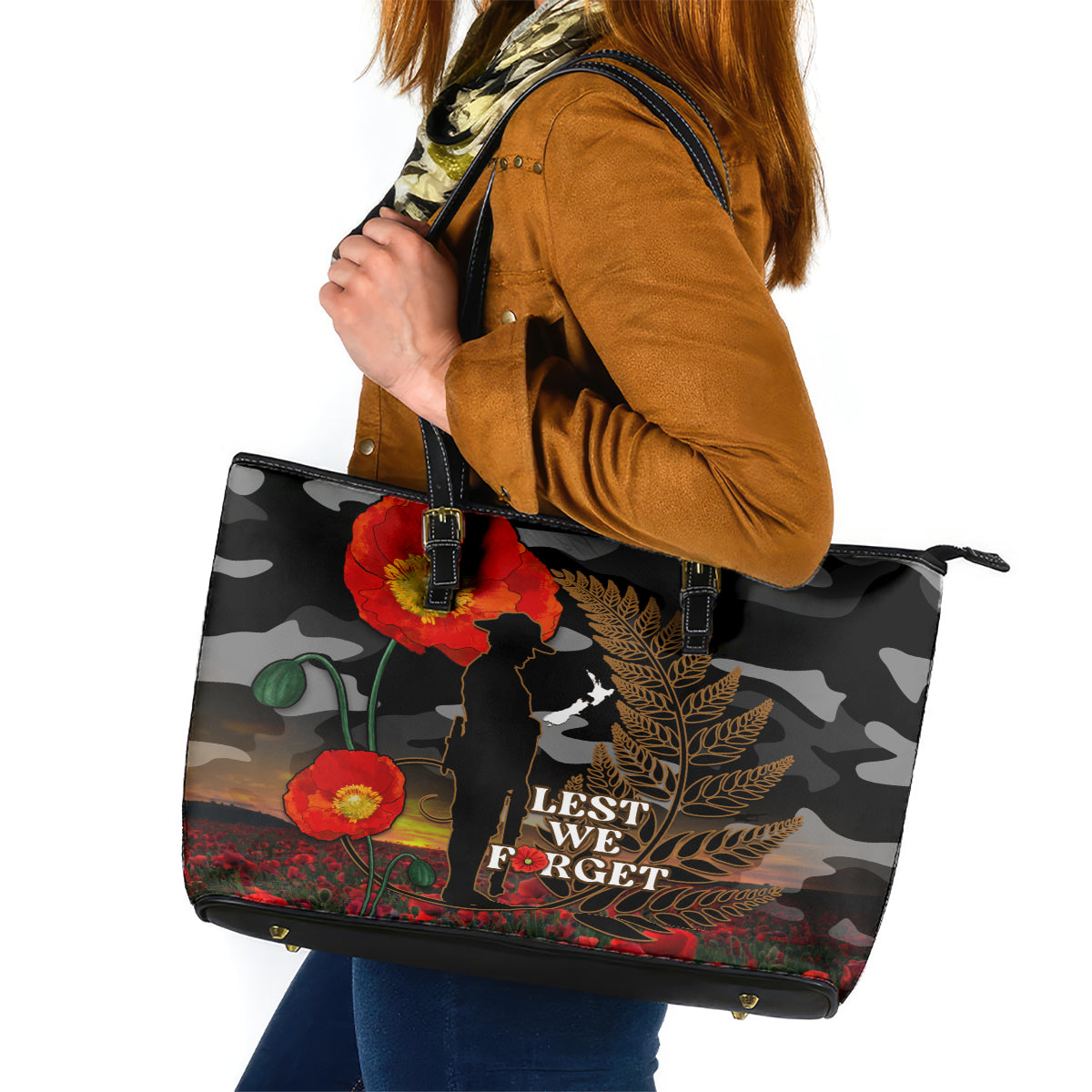 New Zealand ANZAC Day Leather Tote Bag Lest We Forget Silver Fern With Camouflage LT14 Black - Polynesian Pride