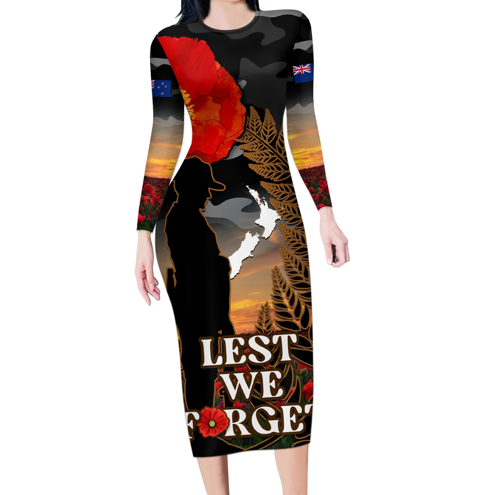 New Zealand ANZAC Day Long Sleeve Bodycon Dress Lest We Forget Silver Fern With Camouflage LT14 Long Dress Black - Polynesian Pride