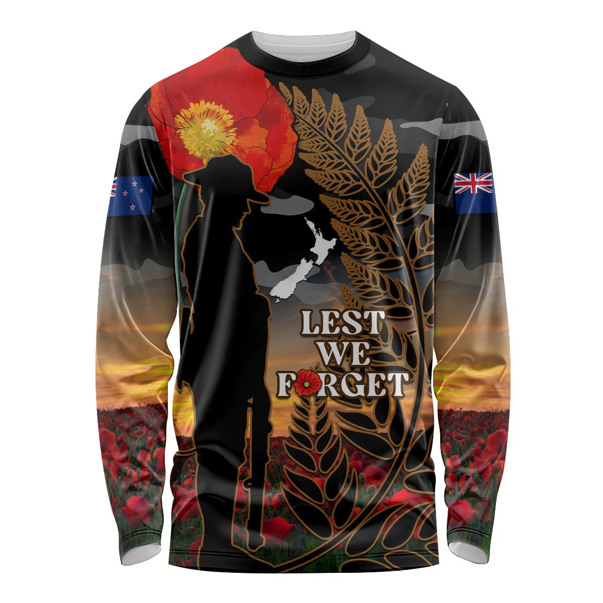 New Zealand ANZAC Day Long Sleeve Shirt Lest We Forget Silver Fern With Camouflage LT14 Unisex Black - Polynesian Pride