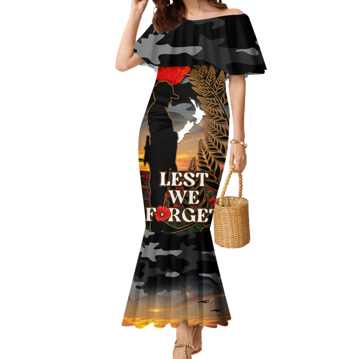 New Zealand ANZAC Day Mermaid Dress Lest We Forget Silver Fern With Camouflage LT14 Women Black - Polynesian Pride