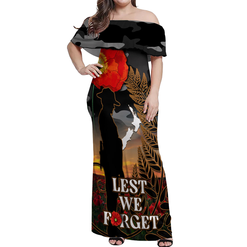 New Zealand ANZAC Day Off Shoulder Maxi Dress Lest We Forget Silver Fern With Camouflage LT14 Women Black - Polynesian Pride