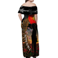 New Zealand ANZAC Day Off Shoulder Maxi Dress Lest We Forget Silver Fern With Camouflage LT14 - Polynesian Pride