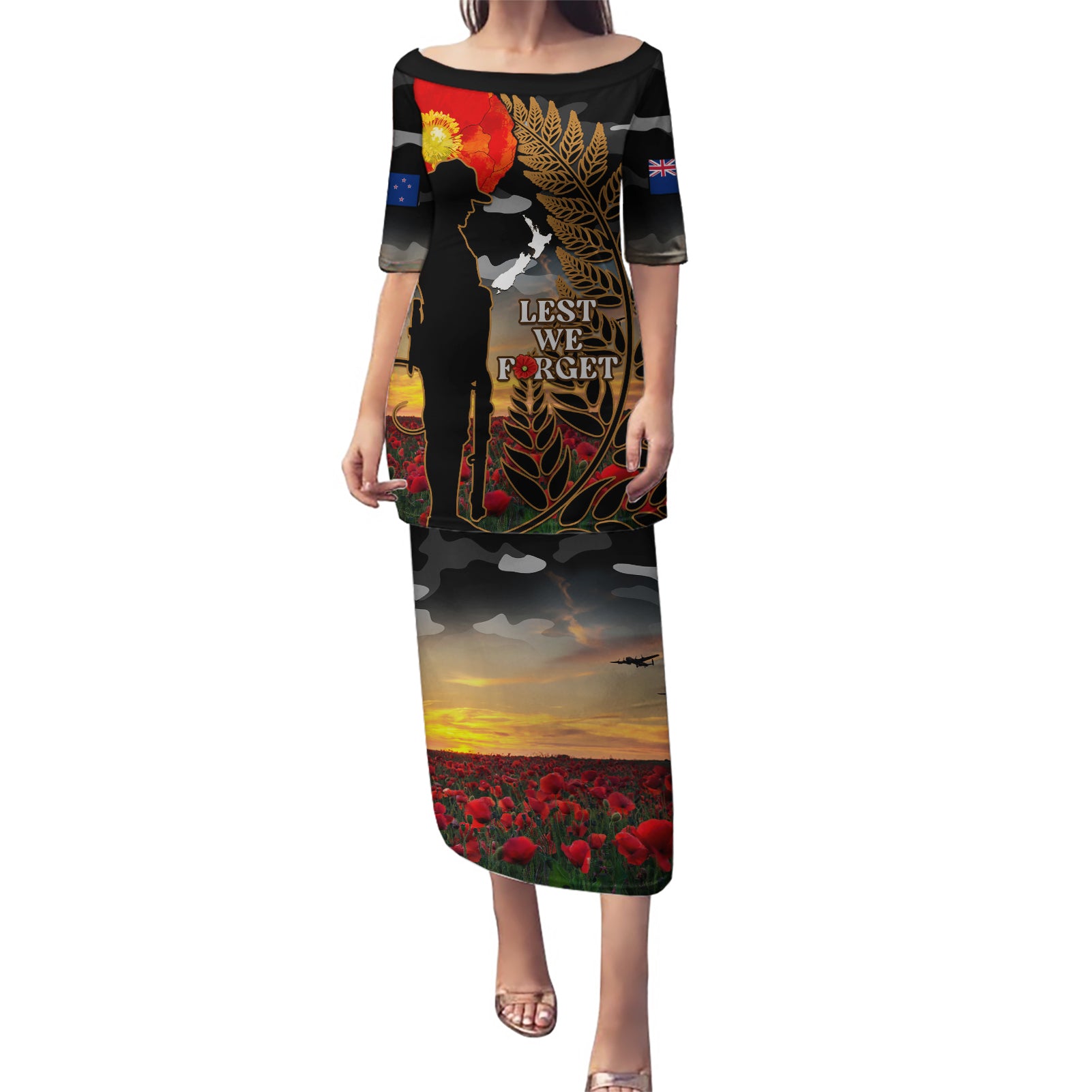 New Zealand ANZAC Day Puletasi Lest We Forget Silver Fern With Camouflage LT14 Long Dress Black - Polynesian Pride