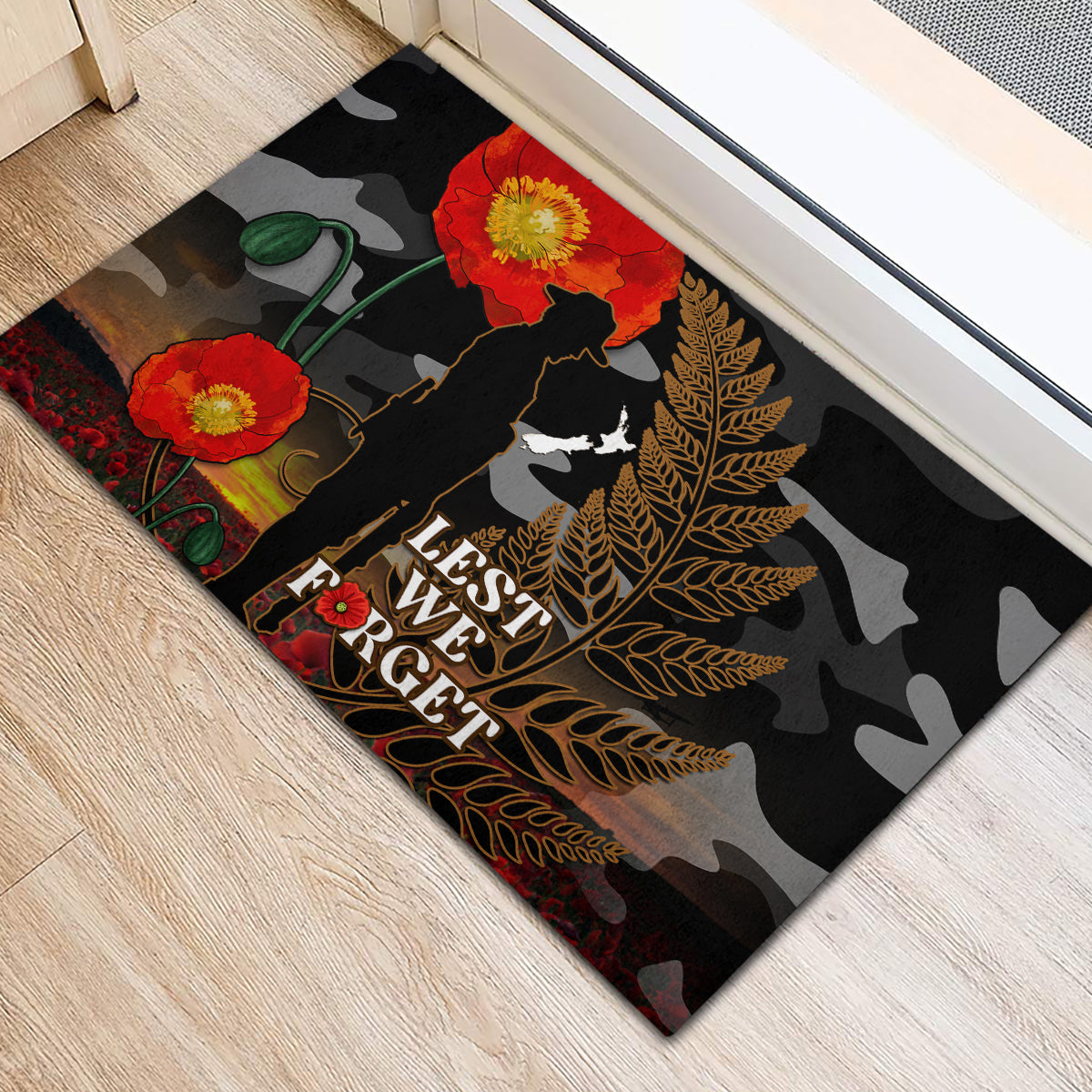 New Zealand ANZAC Day Rubber Doormat Lest We Forget Silver Fern With Camouflage LT14 - Polynesian Pride