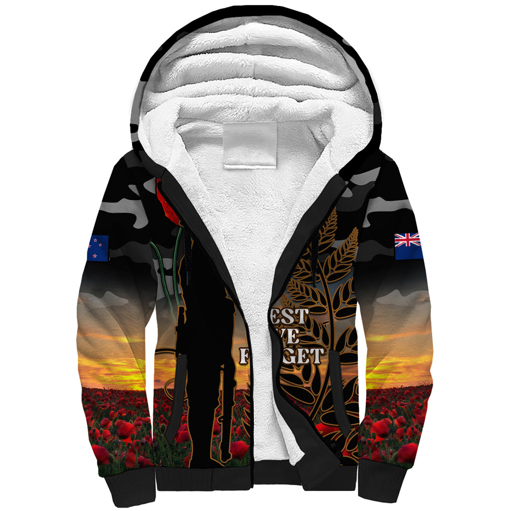 New Zealand ANZAC Day Sherpa Hoodie Lest We Forget Silver Fern With Camouflage LT14 Unisex Black - Polynesian Pride