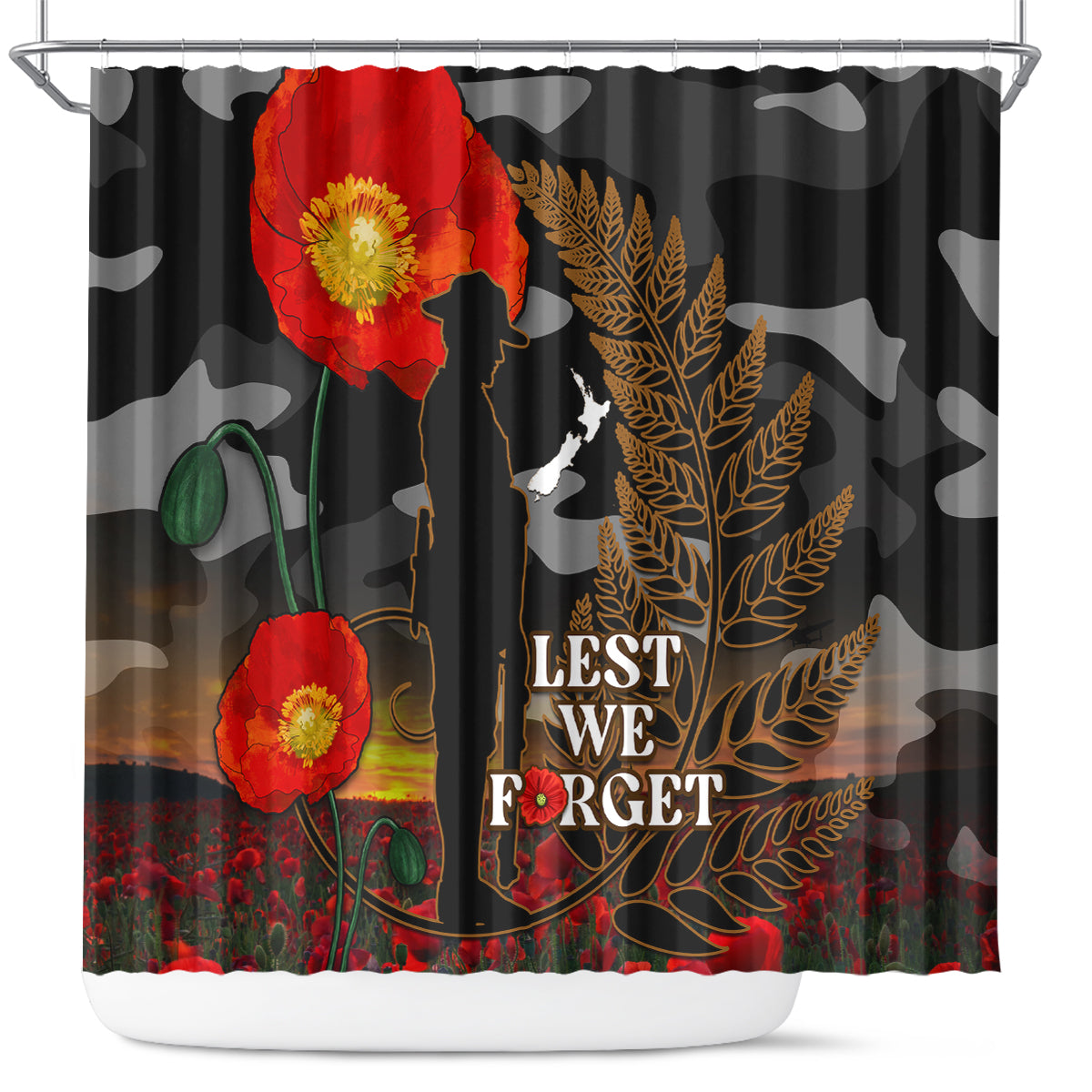 New Zealand ANZAC Day Shower Curtain Lest We Forget Silver Fern With Camouflage LT14 Black - Polynesian Pride