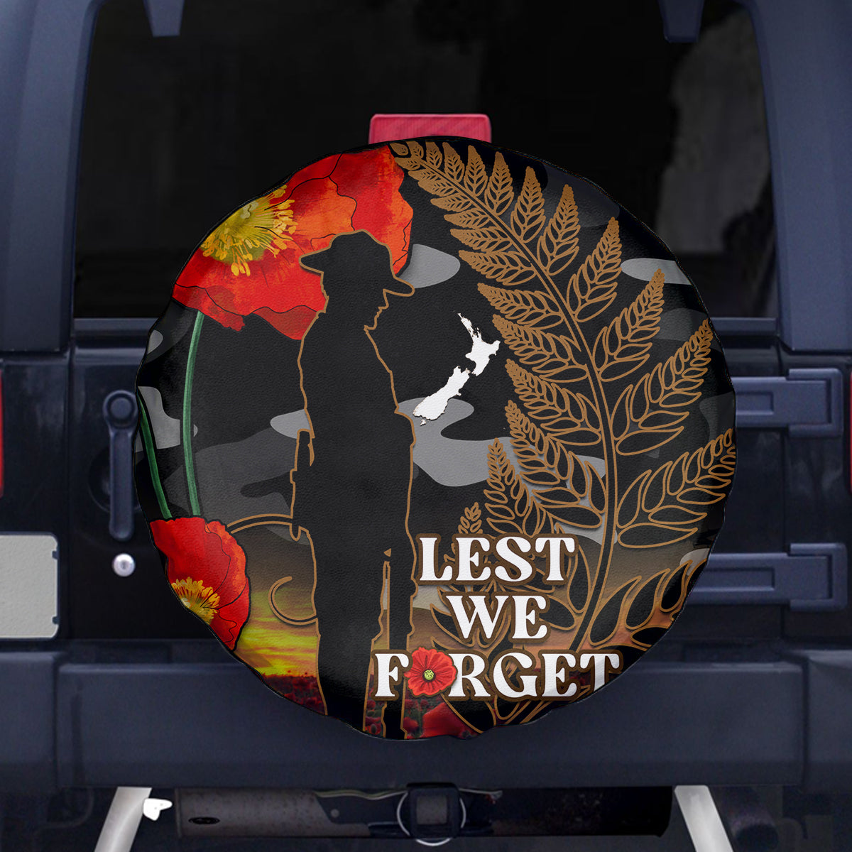 New Zealand ANZAC Day Spare Tire Cover Lest We Forget Silver Fern With Camouflage LT14 Black - Polynesian Pride