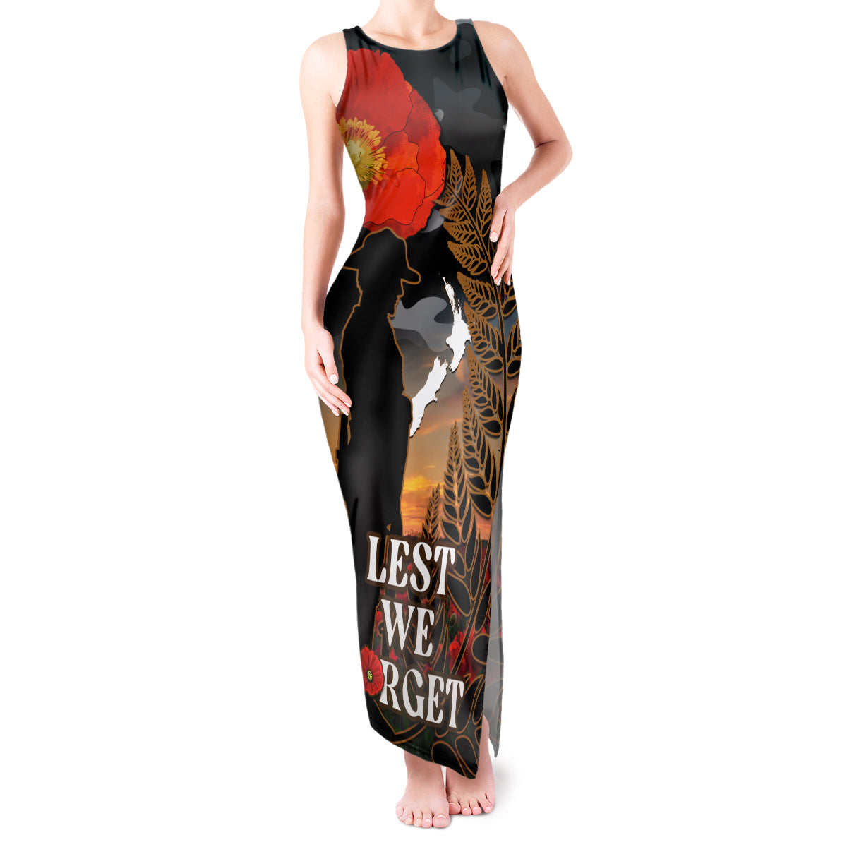 New Zealand ANZAC Day Tank Maxi Dress Lest We Forget Silver Fern With Camouflage LT14 Women Black - Polynesian Pride