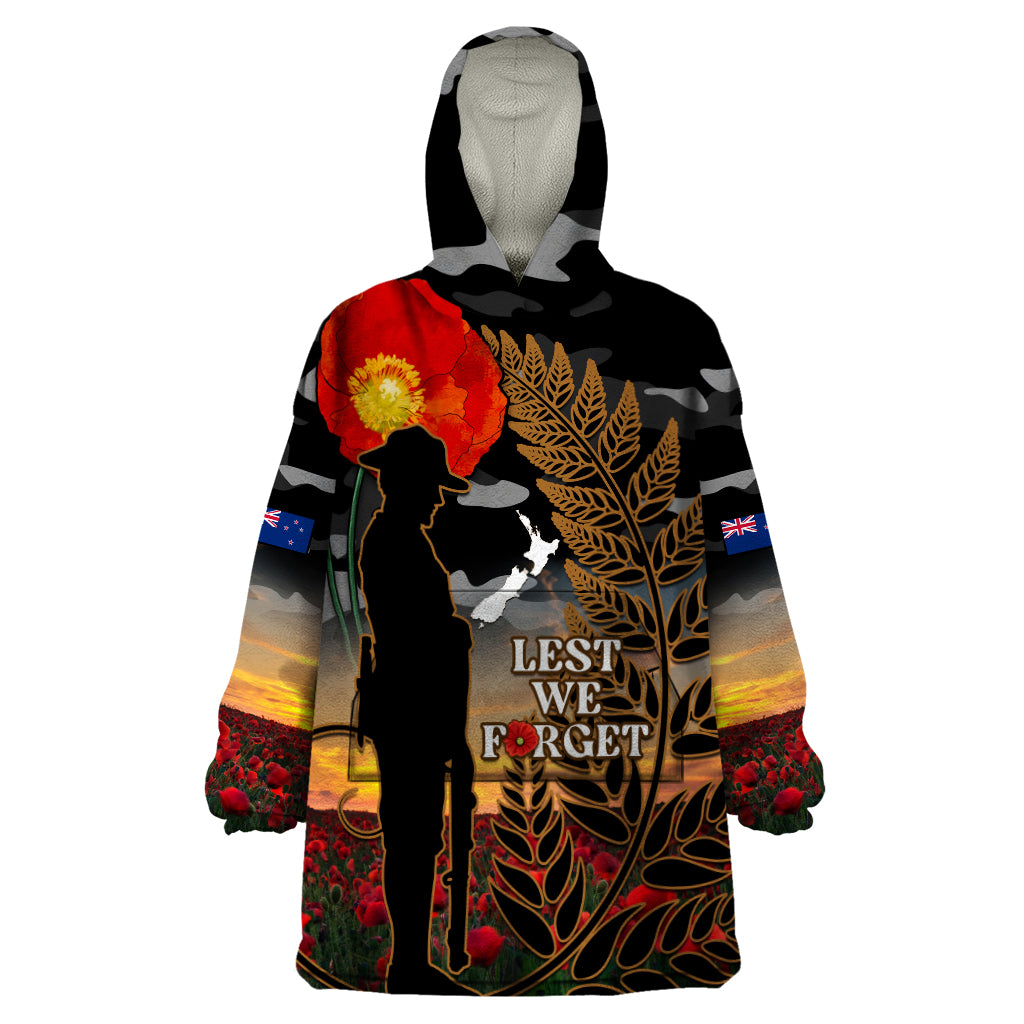 New Zealand ANZAC Day Wearable Blanket Hoodie Lest We Forget Silver Fern With Camouflage LT14 One Size Black - Polynesian Pride