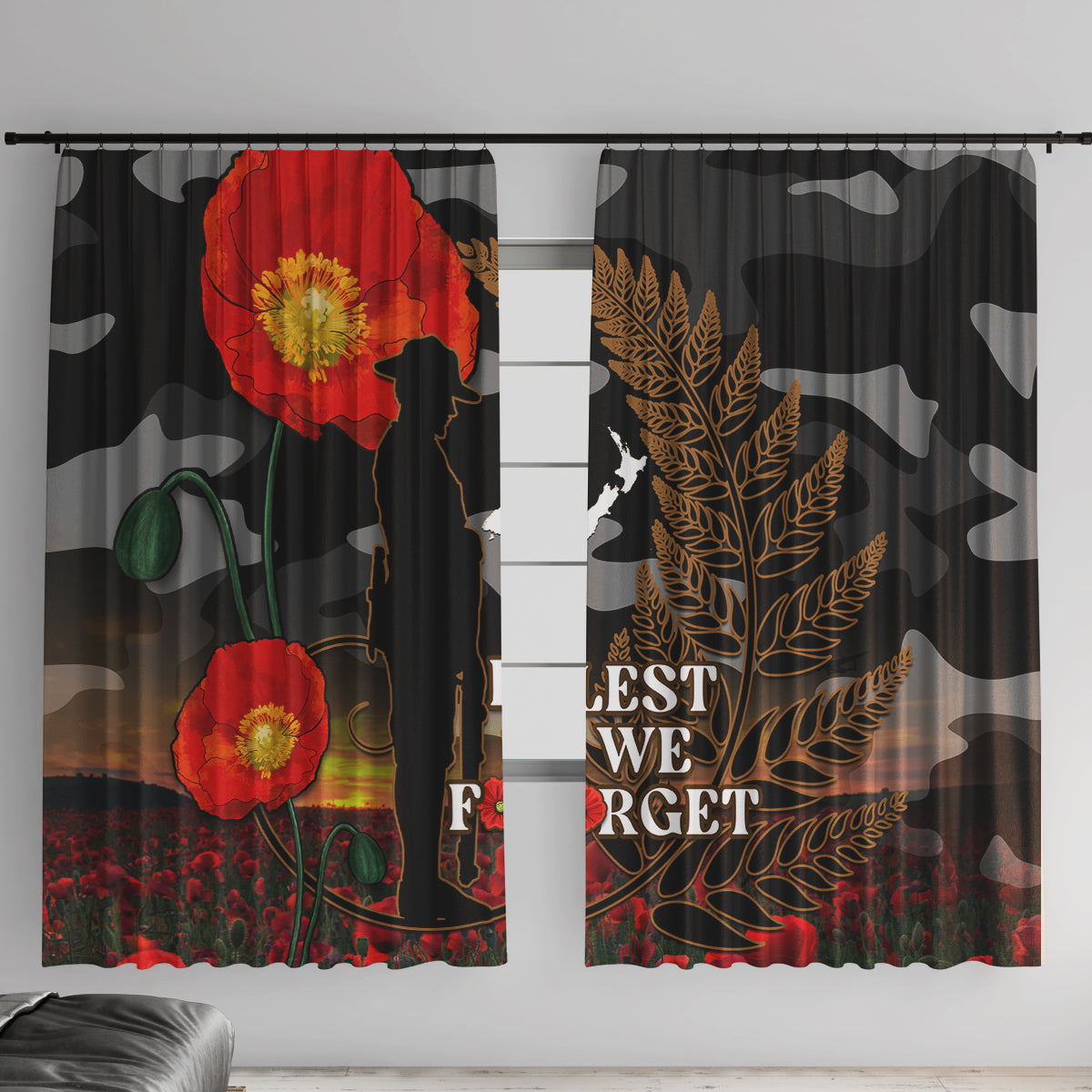 New Zealand ANZAC Day Window Curtain Lest We Forget Silver Fern With Camouflage LT14 With Hooks Black - Polynesian Pride