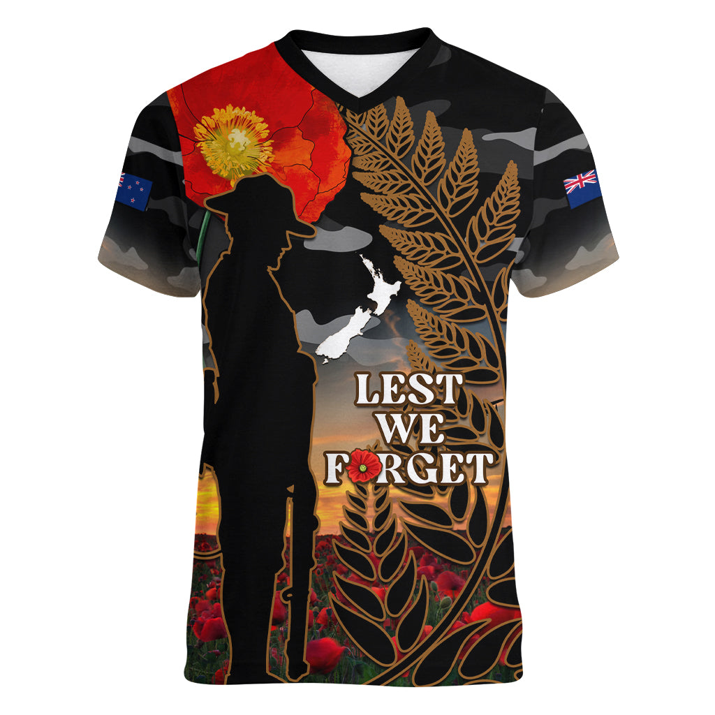 New Zealand ANZAC Day Women V Neck T Shirt Lest We Forget Silver Fern With Camouflage LT14 Female Black - Polynesian Pride