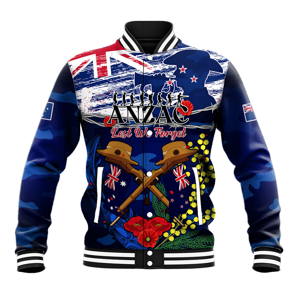 Australia And New Zealand ANZAC Day Baseball Jacket Lest We Forget Silver Fern With Golden Wattle LT14 Unisex Blue - Polynesian Pride